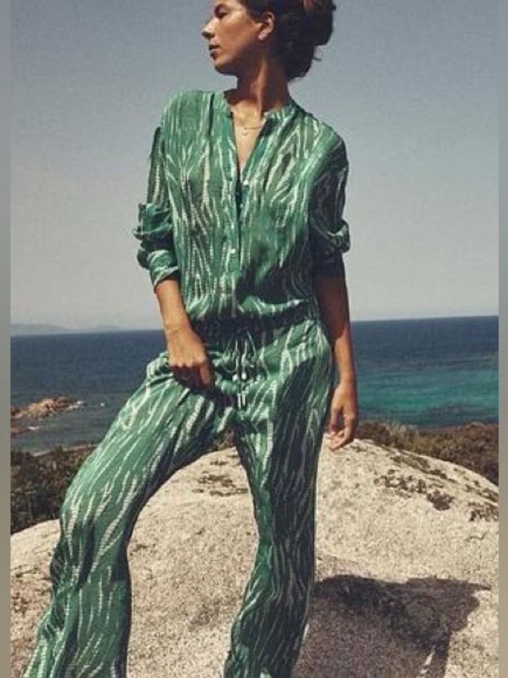 Zara 2 Piece Set Sheer Green Printed Top and Bottom, Size L/XL